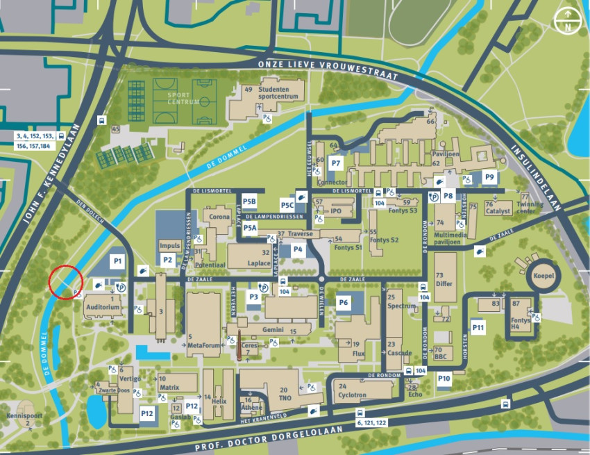 De locatie (rode cirkel) van de brug op de campus van de TU Eindhoven